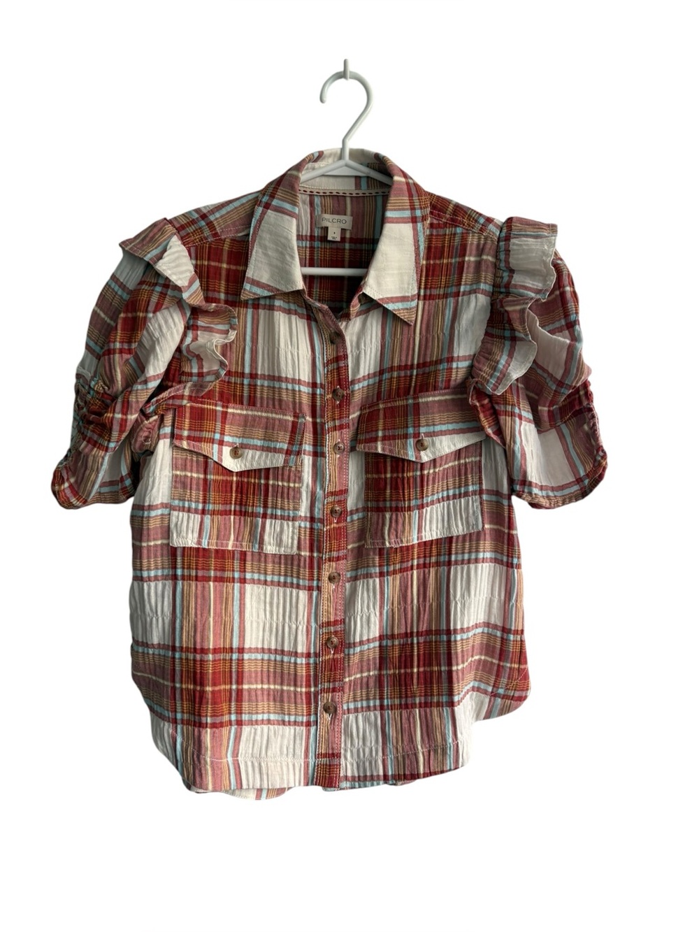 Anthropologie Pilcro Ozzi Plaid Ruffle Sleeve Buttondown Shirt Sz Small - Picture 3 of 10